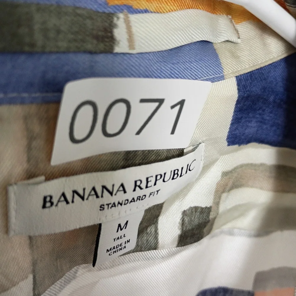 Banana Republic Mens M Tall Silk Abstract Geometric Camp Shirt Blue Orange White